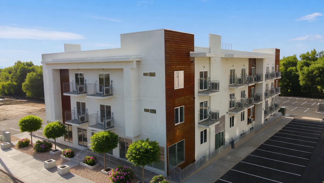 Street-level facade of The Lofts at Falcon Ridge showing the wood-paneled accents and balconies